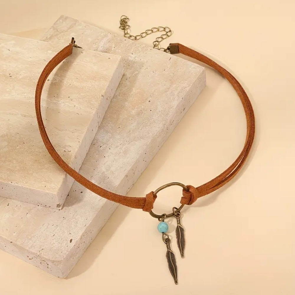 Boho Suede Choker with Feather Charms NIP!